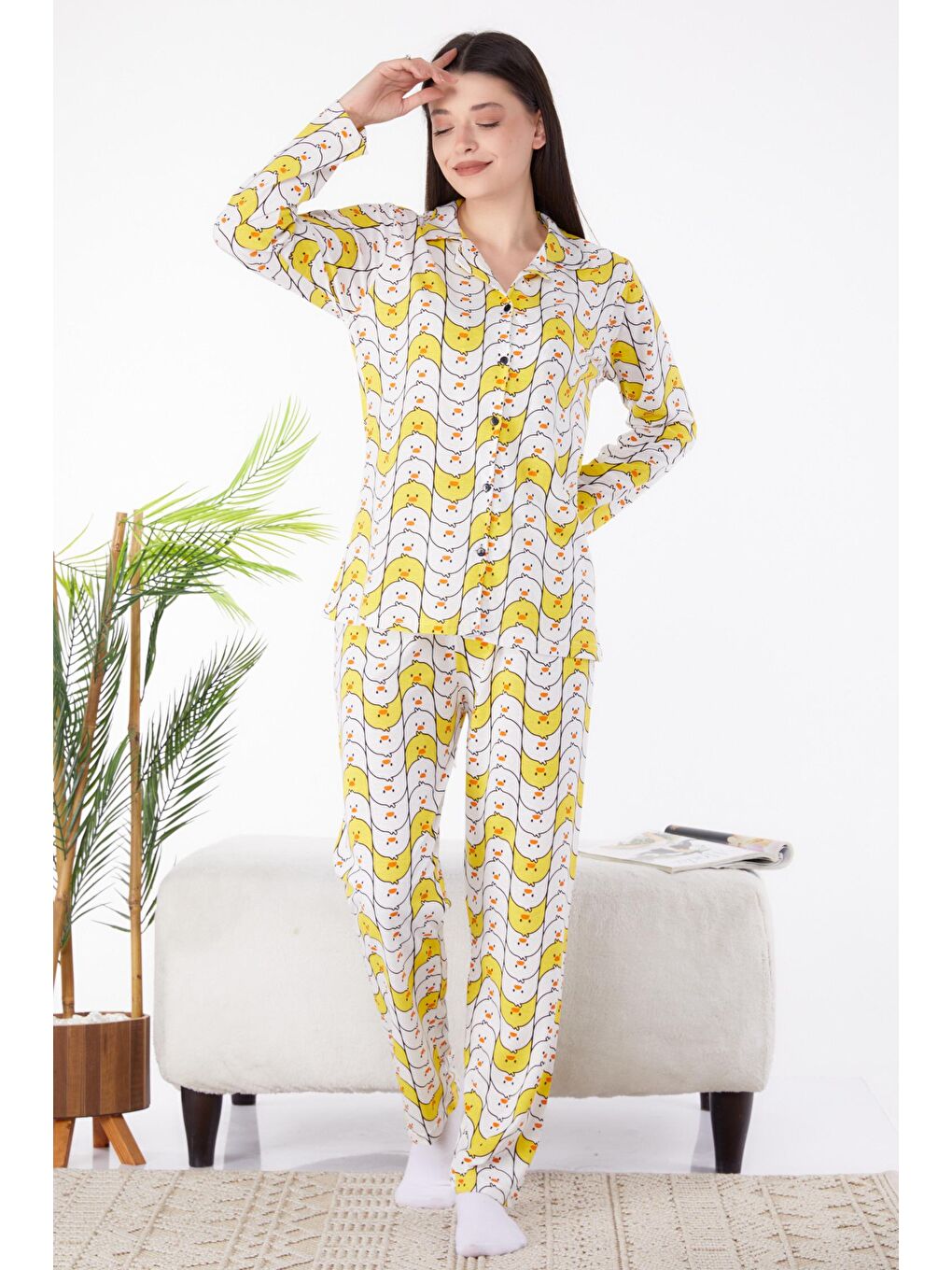 TOFİSA Sarı Düz Gömlek Yaka Kadın Sarı Pijama Takımı - 25265 - 1