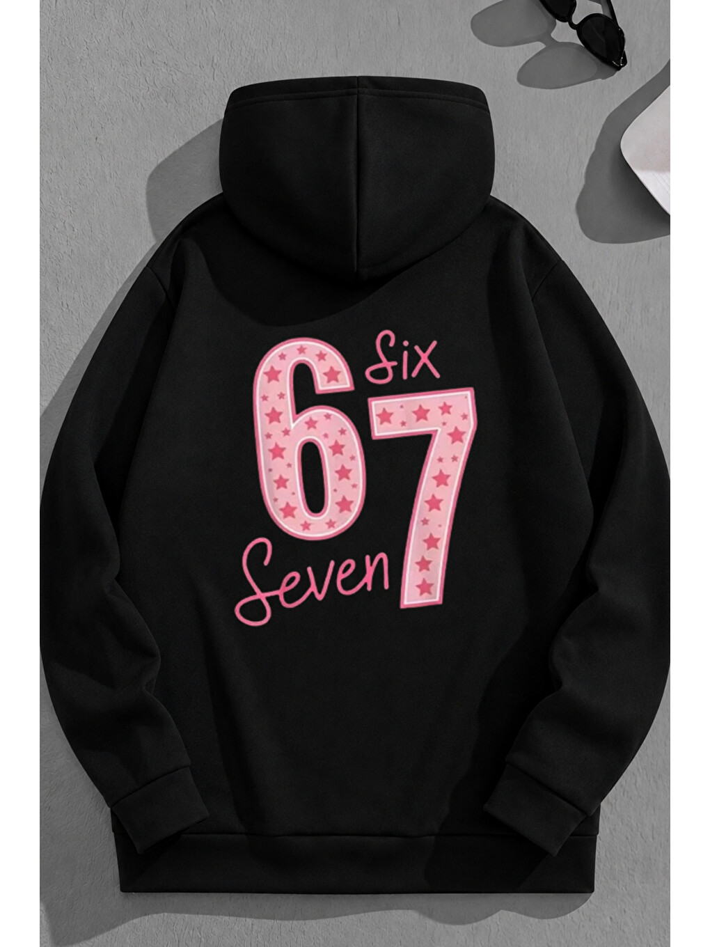 Unisex 3 İplik Pamuklu Siyah 67sıxseven Baskı Bol Kalıp Sweatshirt Hoodie