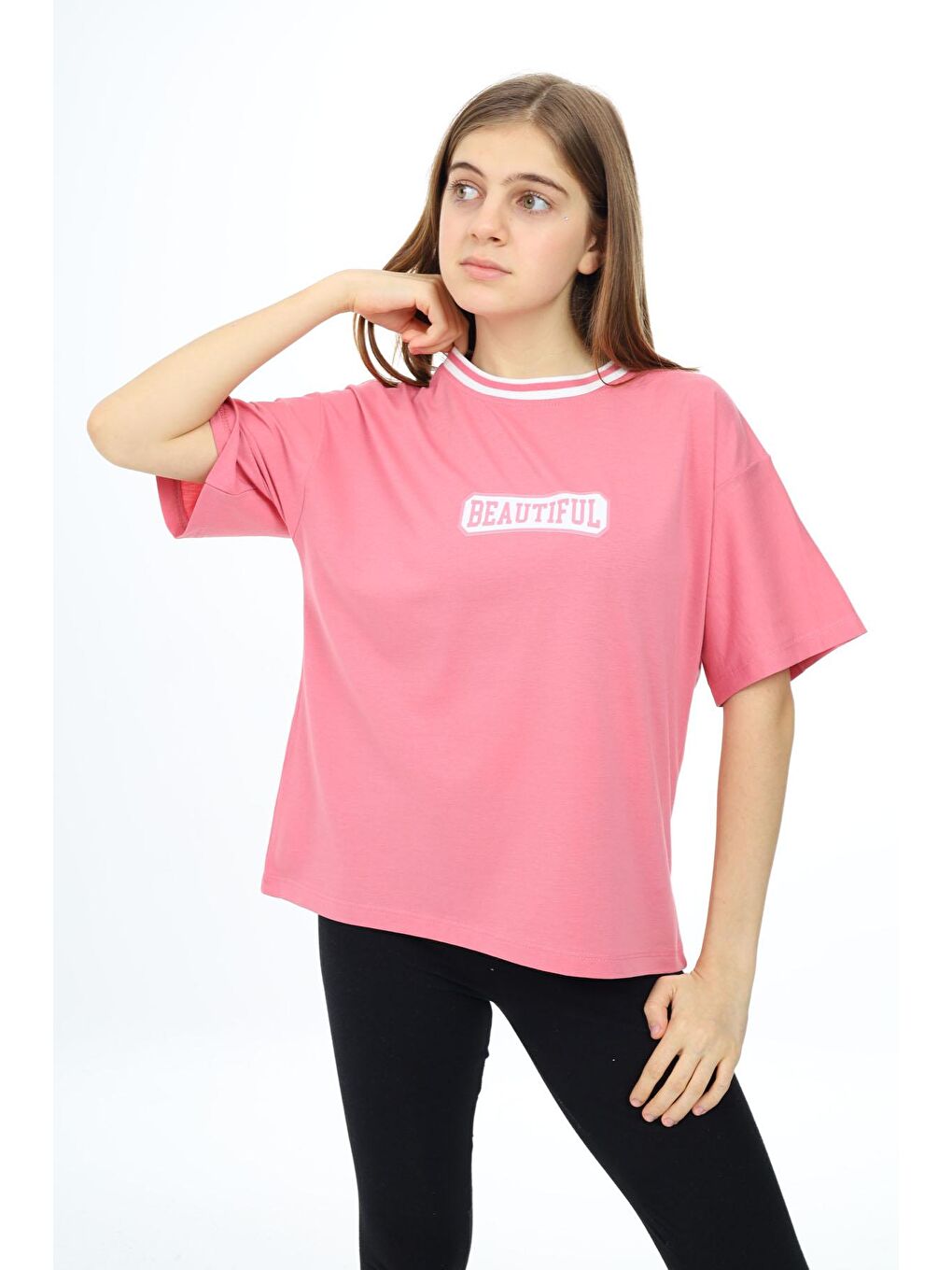 Pembe Beautiful Yazılı Oversize Kız Tişört 17812-2