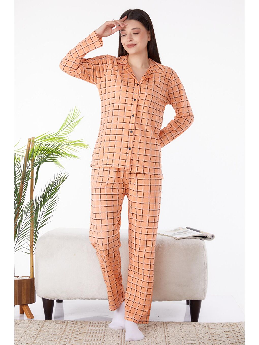 Gömlek Yaka Kadın Turuncu Pijama Takımı - 25271