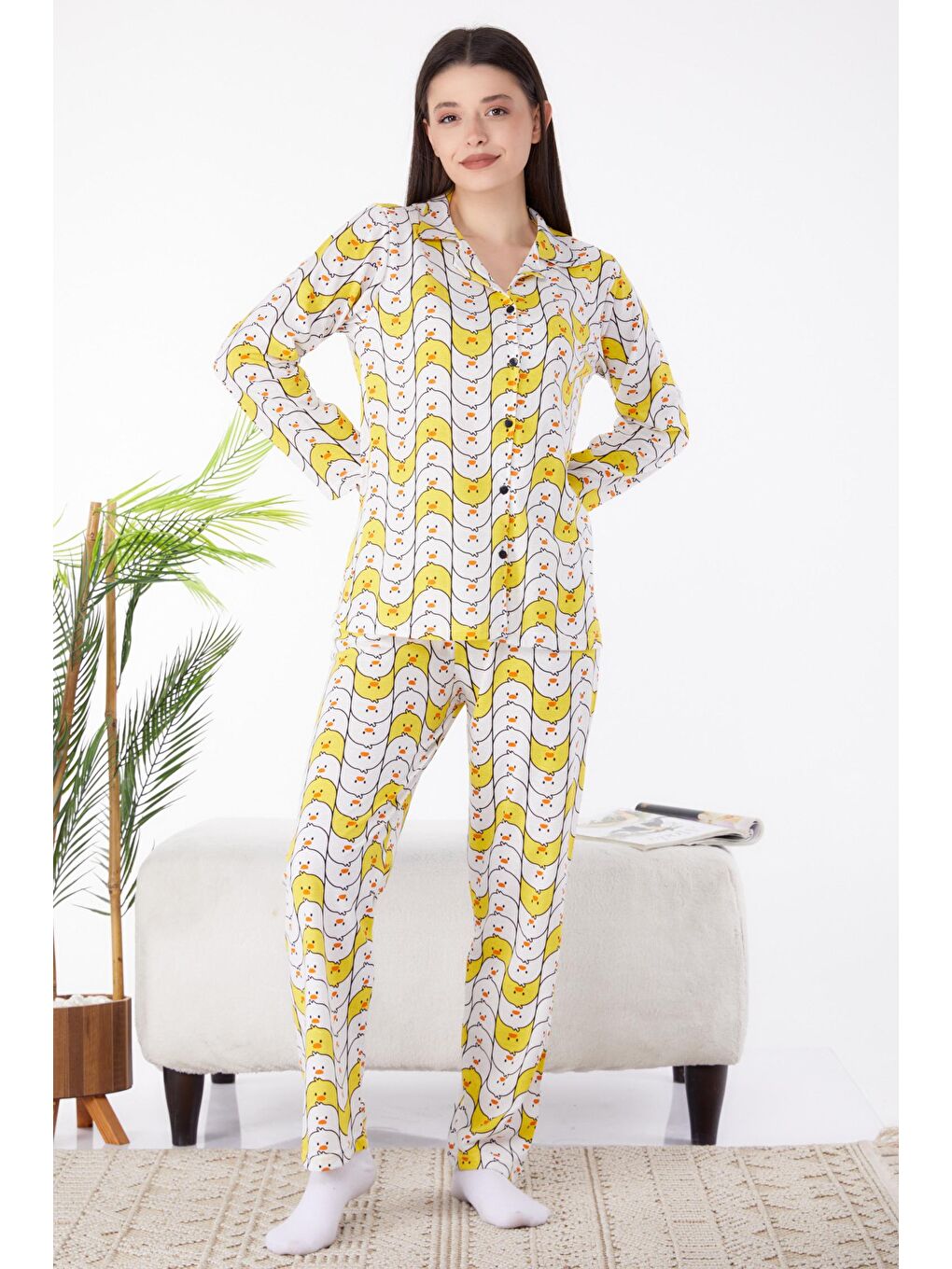 TOFİSA Sarı Düz Gömlek Yaka Kadın Sarı Pijama Takımı - 25265 - 2