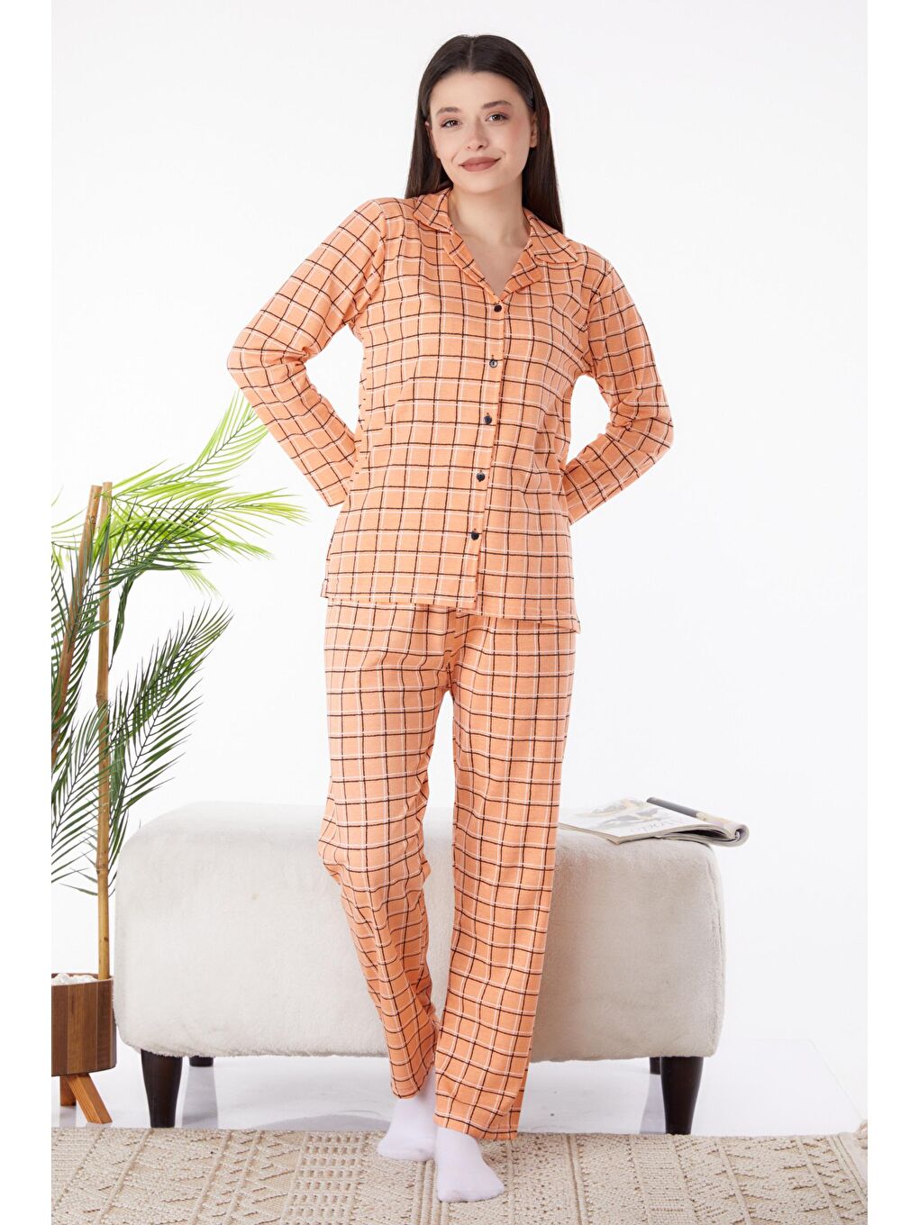 Gömlek Yaka Kadın Turuncu Pijama Takımı - 25271-1