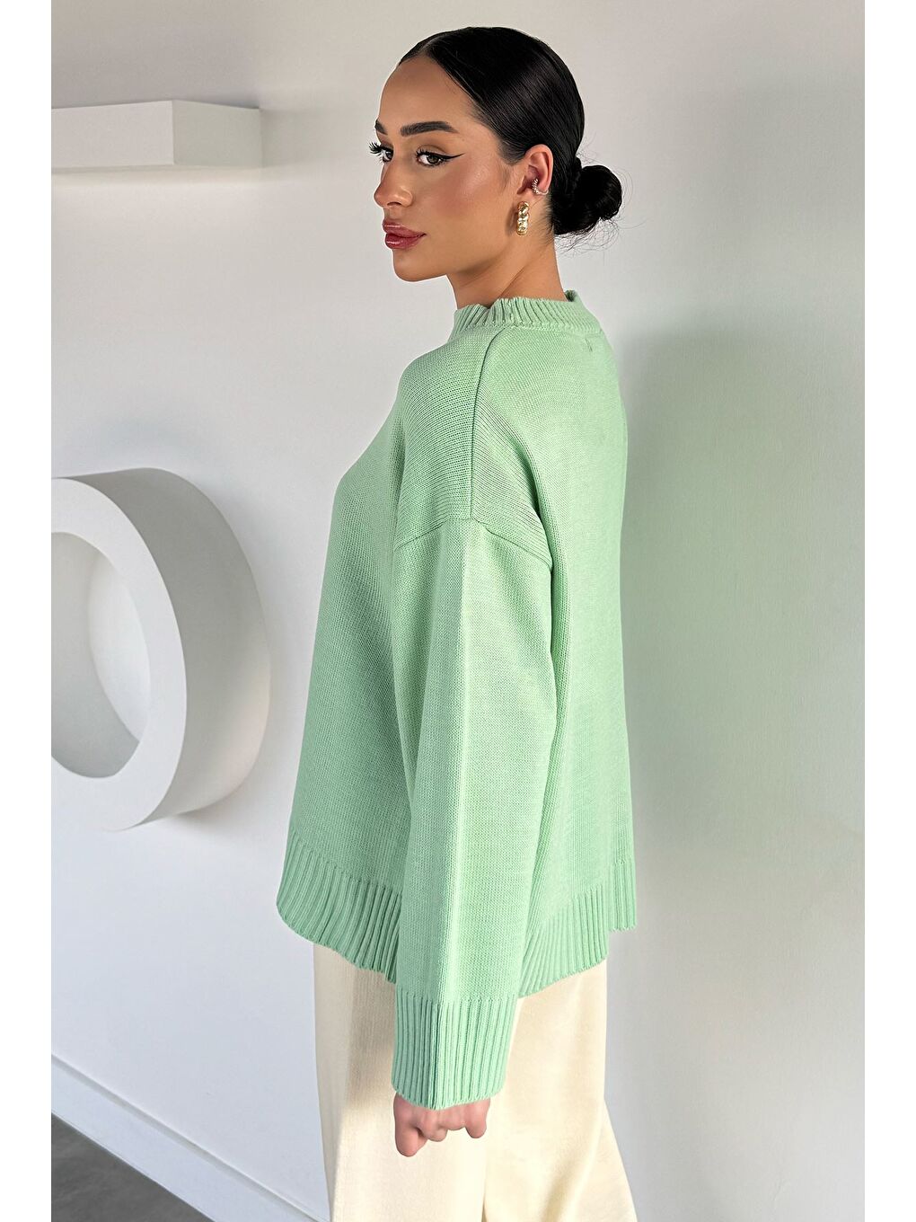 Yeşil Kadın Bisiklet Yaka Triko Kazak-1