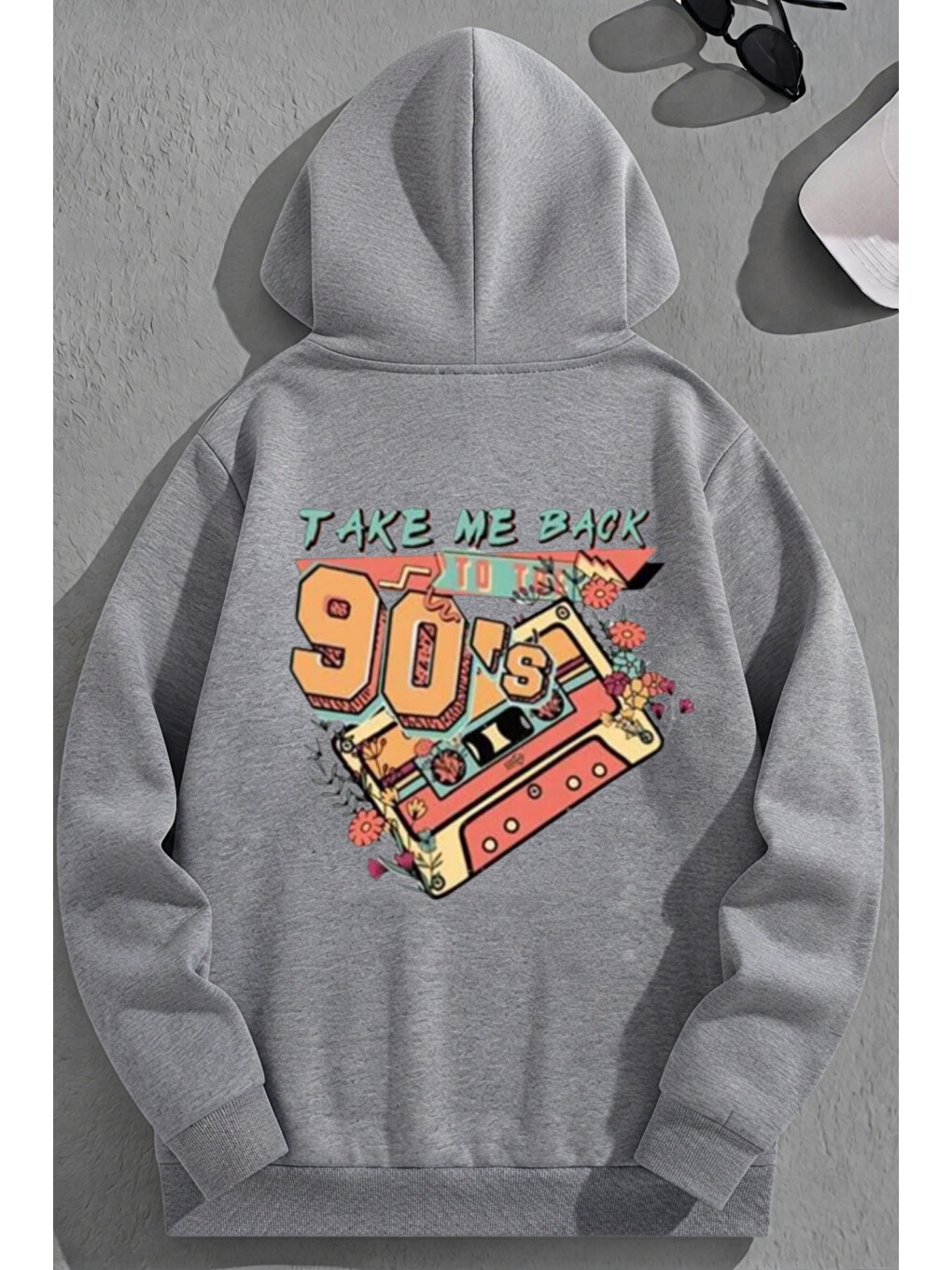Unisex 3 İplik Pamuklu Gri Takeme90s Baskı Bol Kalıp Sweatshirt Hoodie
