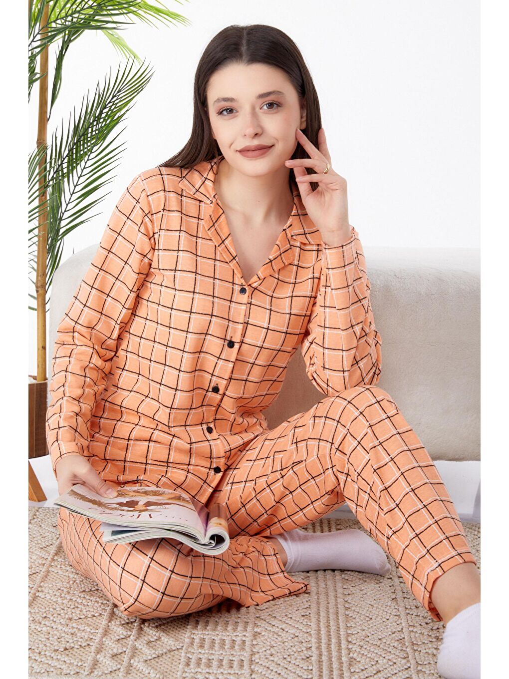 Gömlek Yaka Kadın Turuncu Pijama Takımı - 25271-2