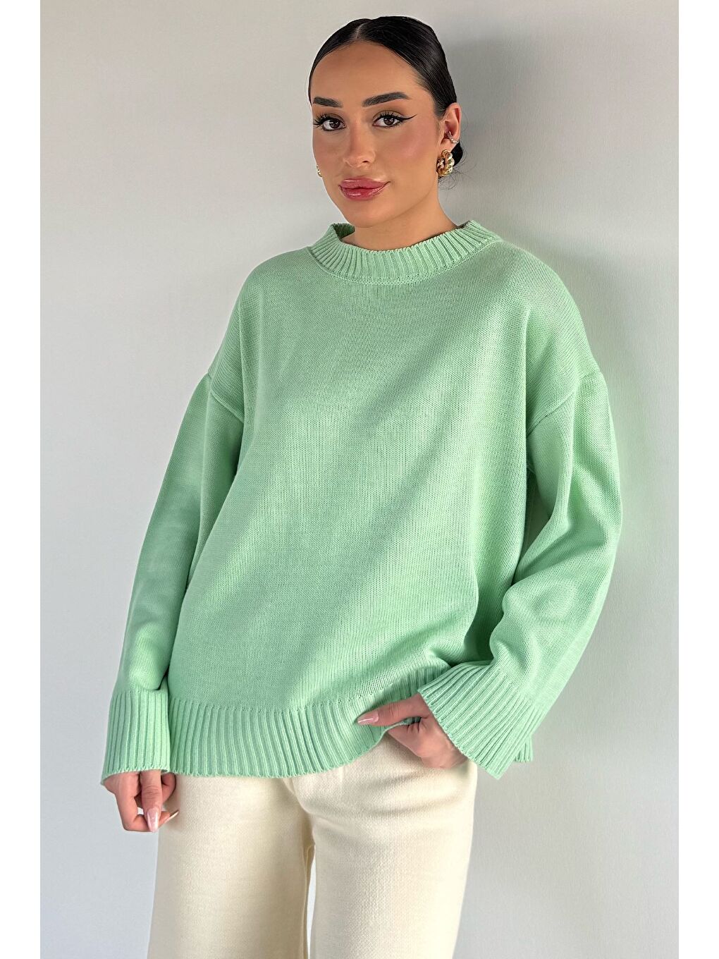 Yeşil Kadın Bisiklet Yaka Triko Kazak-2