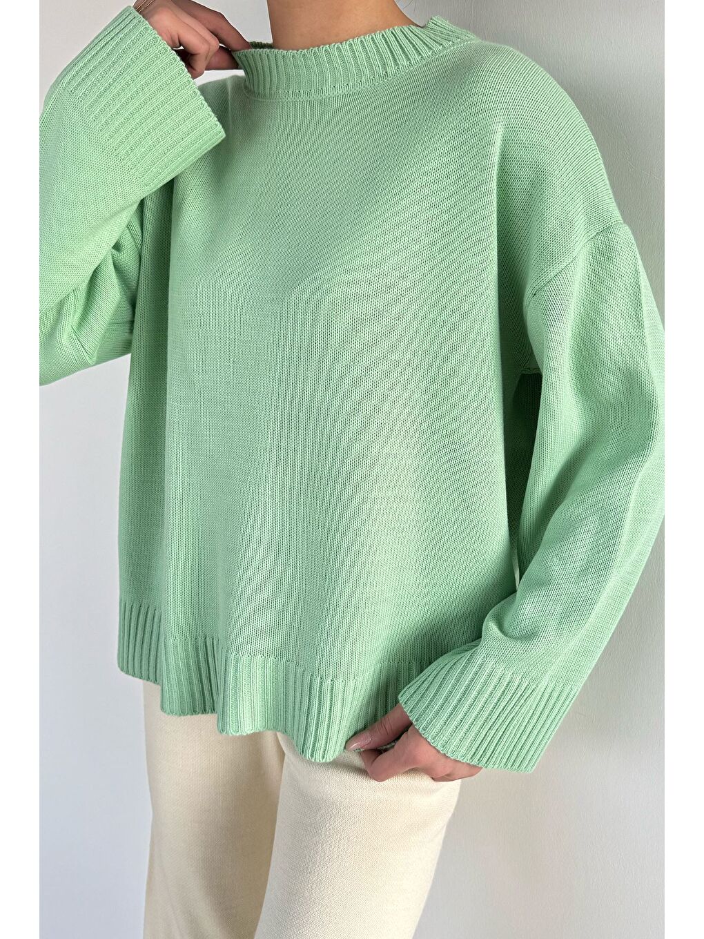 Yeşil Kadın Bisiklet Yaka Triko Kazak-3