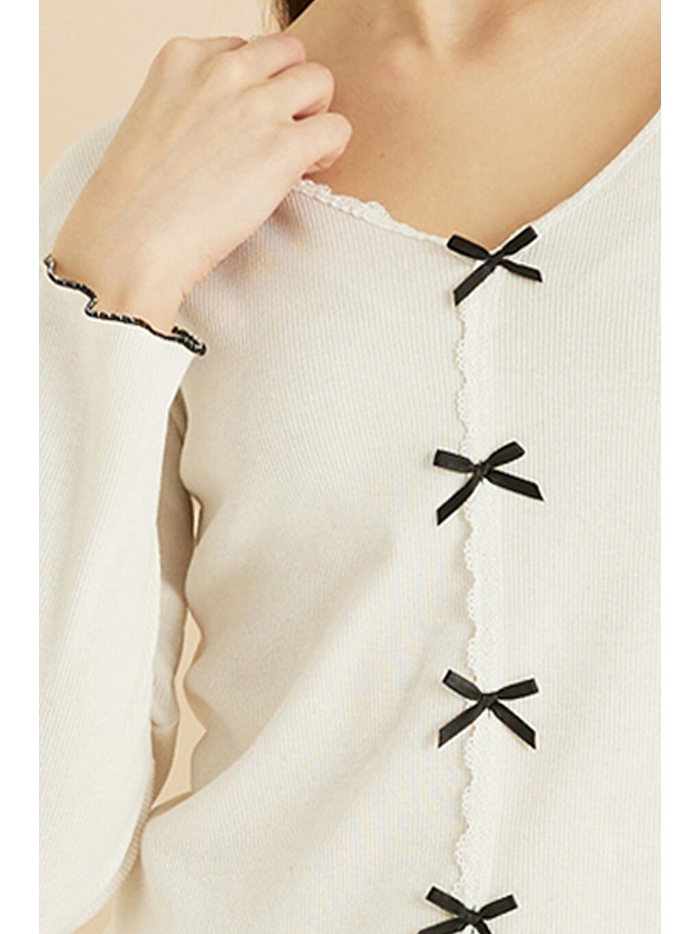 Ekru Dantelli Fiyonklu Fitilli Kaşkorse Örme Pijama Takım 7816-2