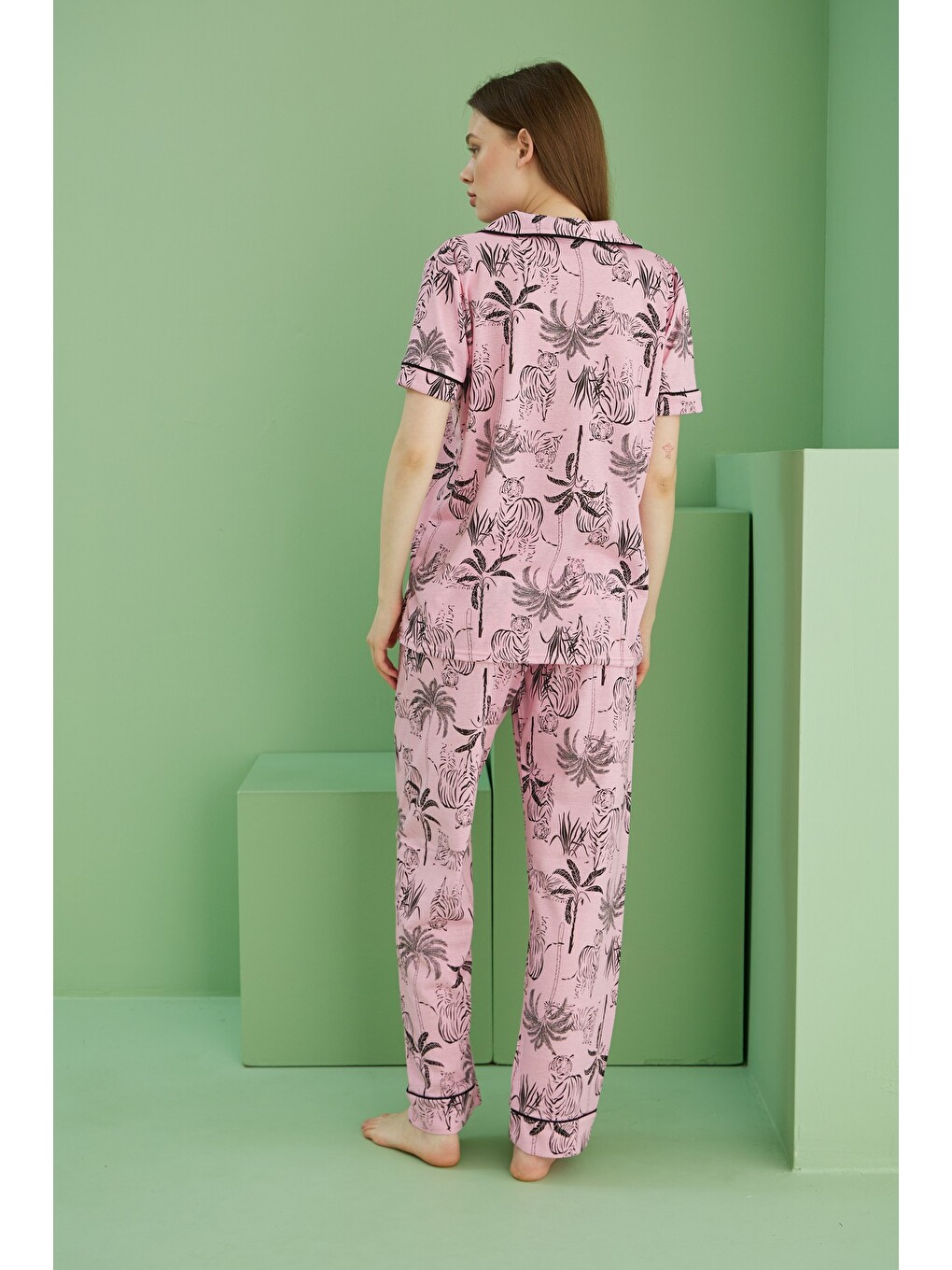 Karışık Kısa Kollu Düğmeli Biyeli Pijama Takım7817-2
