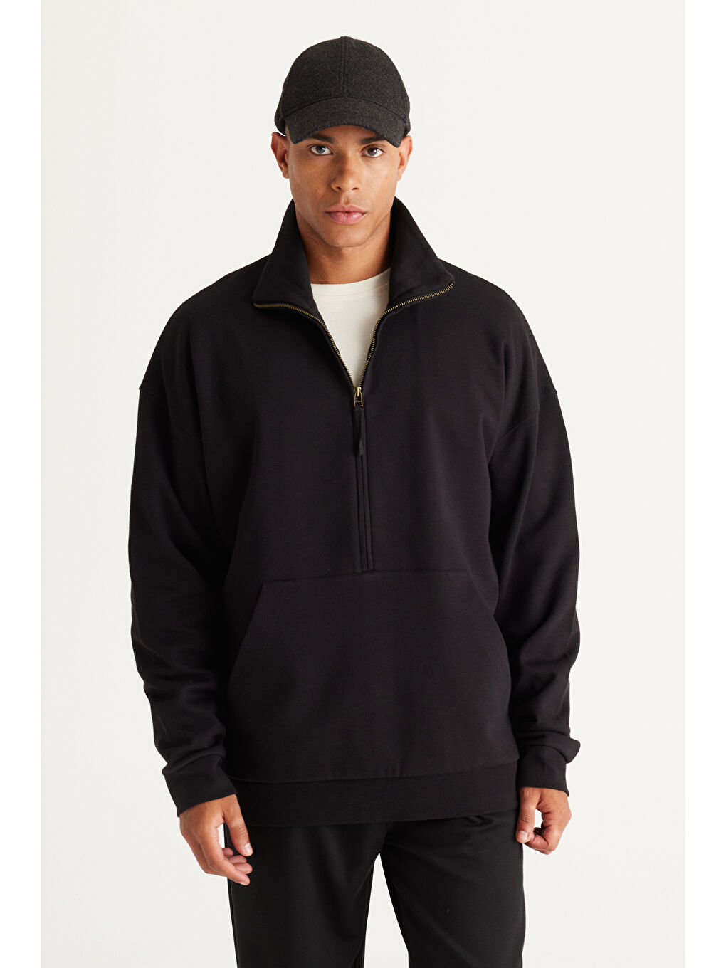 Erkek Siyah Oversize Bol Kesim Bato Yaka Pamuklu Sweatshirt-2