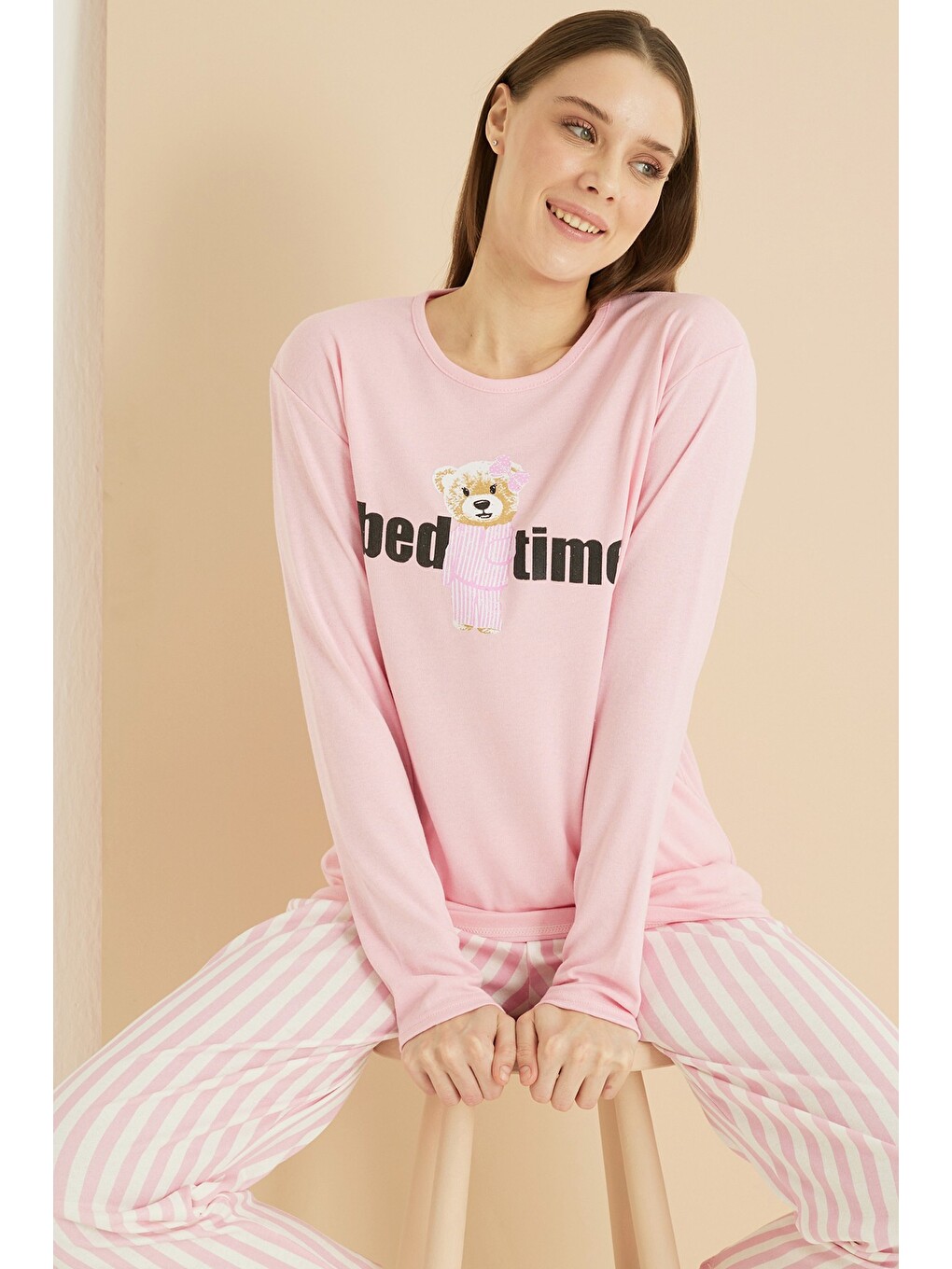 Pembe İnterlok Pamuklu Örme Pijama Takım 7819