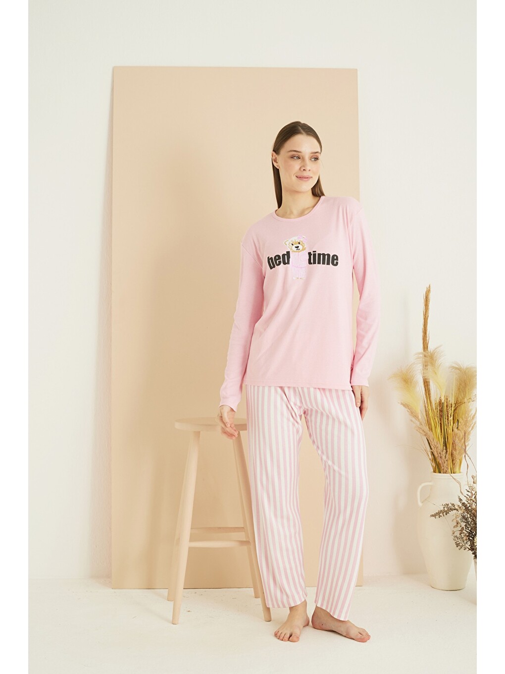Pembe İnterlok Pamuklu Örme Pijama Takım 7819-1