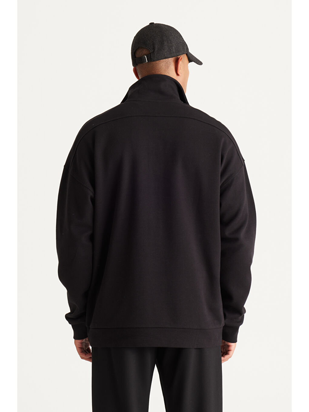 Erkek Siyah Oversize Bol Kesim Bato Yaka Pamuklu Sweatshirt-5