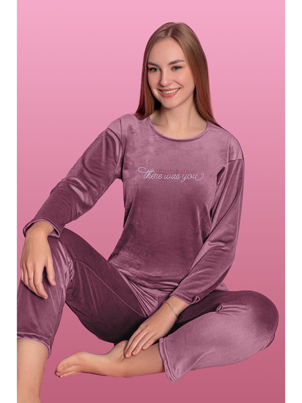 Pembe Kadife Kadın Pijama Takımı 25500-92 Pudra-2