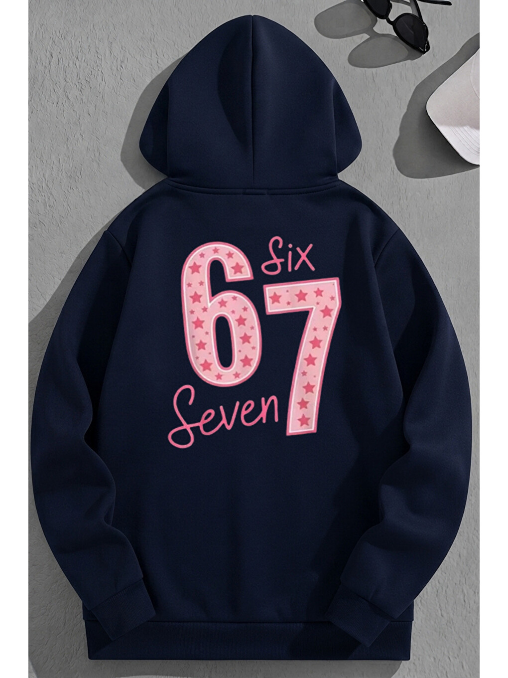 Unisex 3 İplik Pamuklu Lacivert 67sıxseven Baskı Bol Kalıp Sweatshirt Hoodie