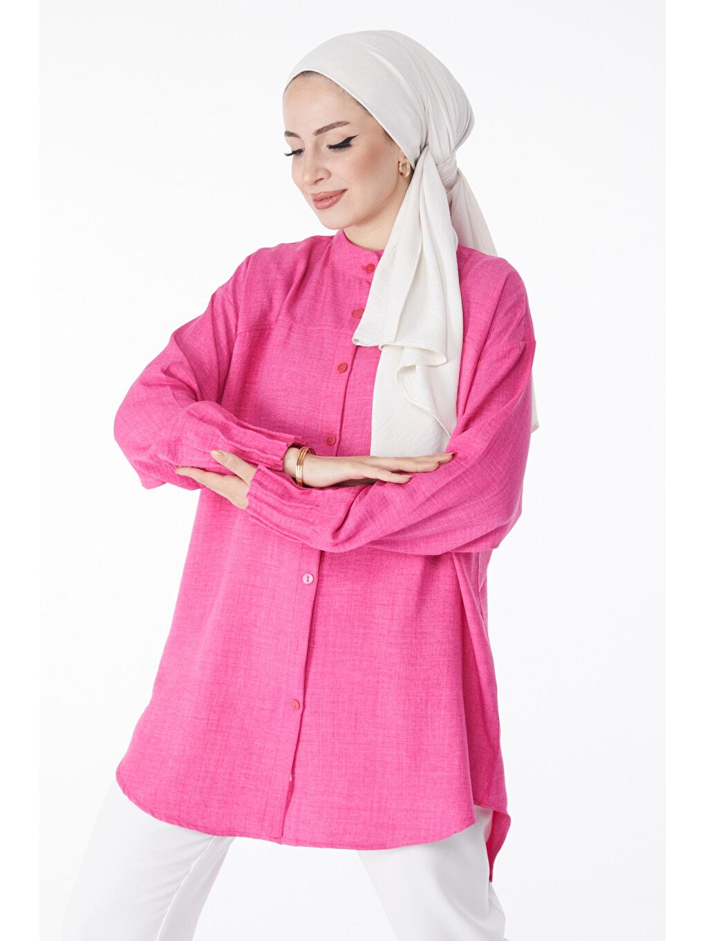 Hakim Yaka Kadın Fuşya Kol Ağzı Fırfır Detaylı Tunik - 24603-1