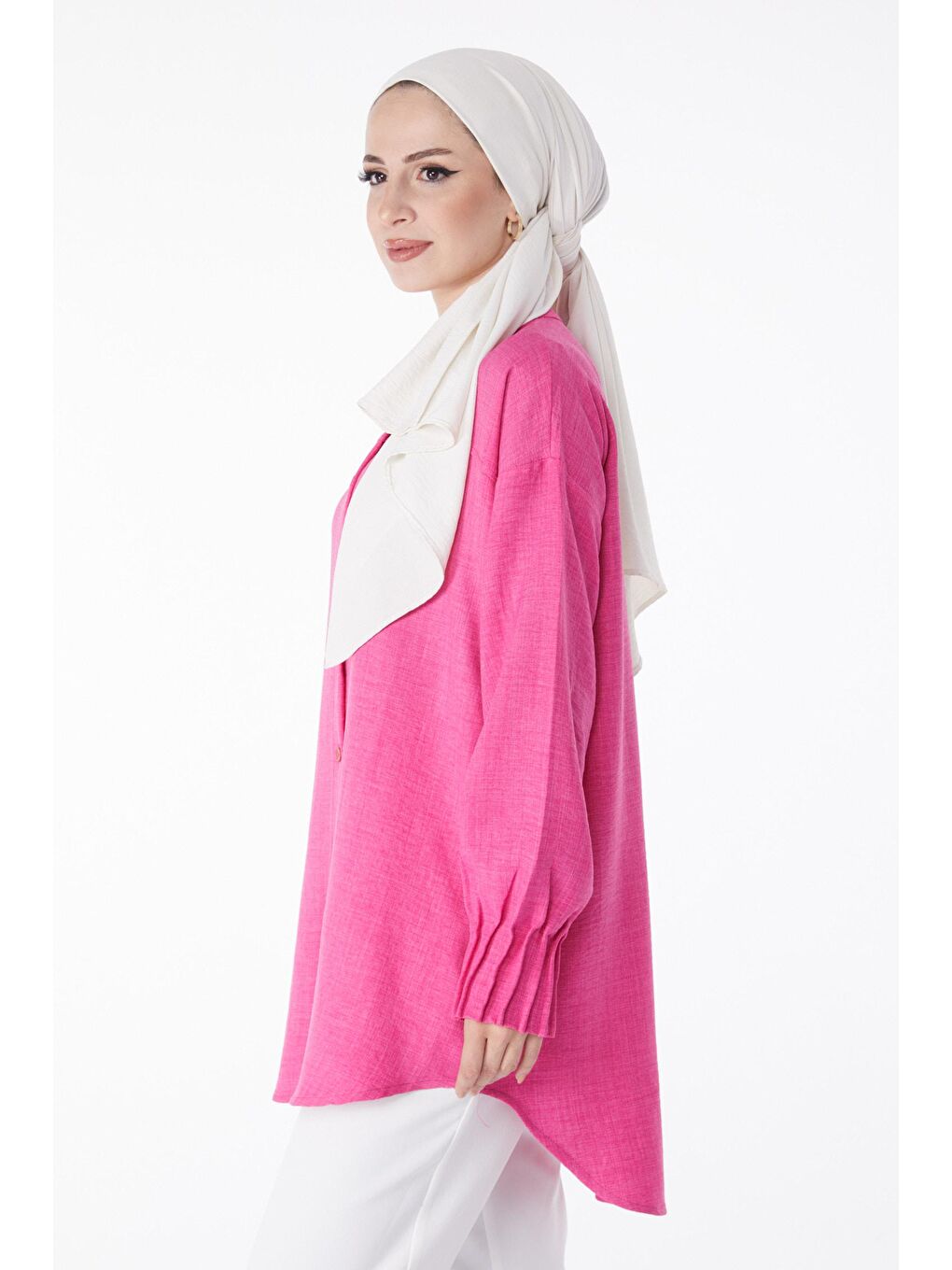 Hakim Yaka Kadın Fuşya Kol Ağzı Fırfır Detaylı Tunik - 24603-2