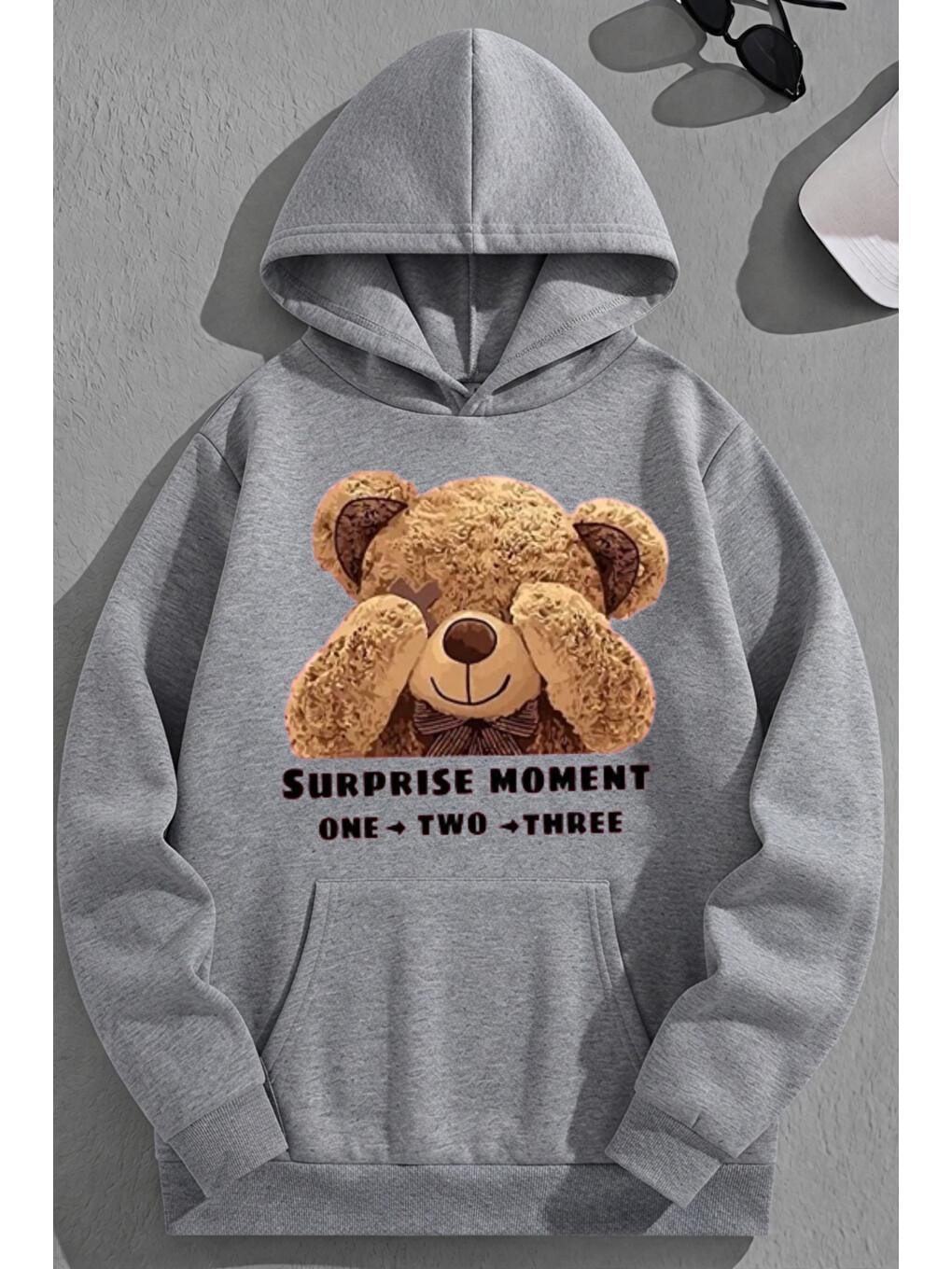 Unisex 3 İplik Pamuklu Gri Suprisemoment Baskı Bol Kalıp Sweatshirt Hoodie