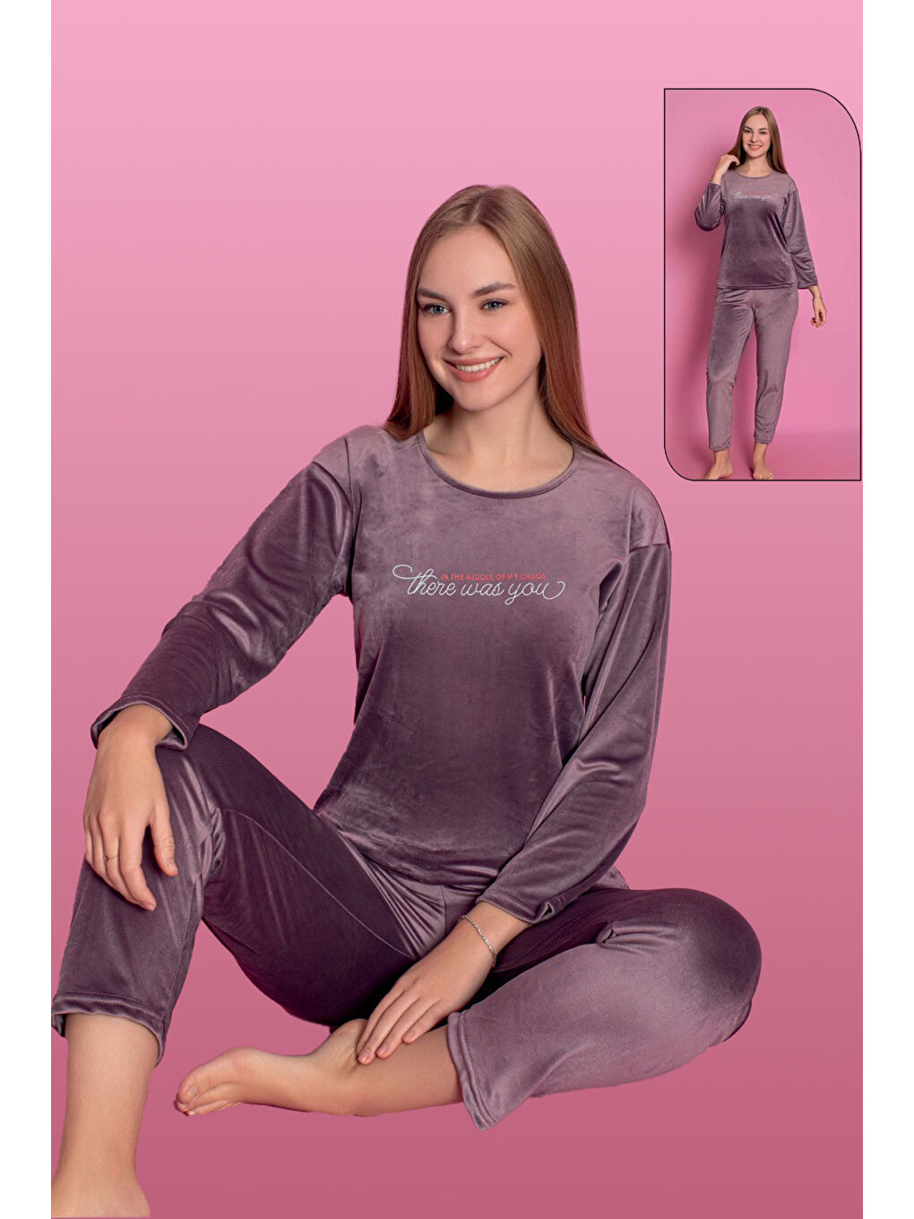 Kadife Kadın Pijama Takımı 25500-83 Mürdüm-1