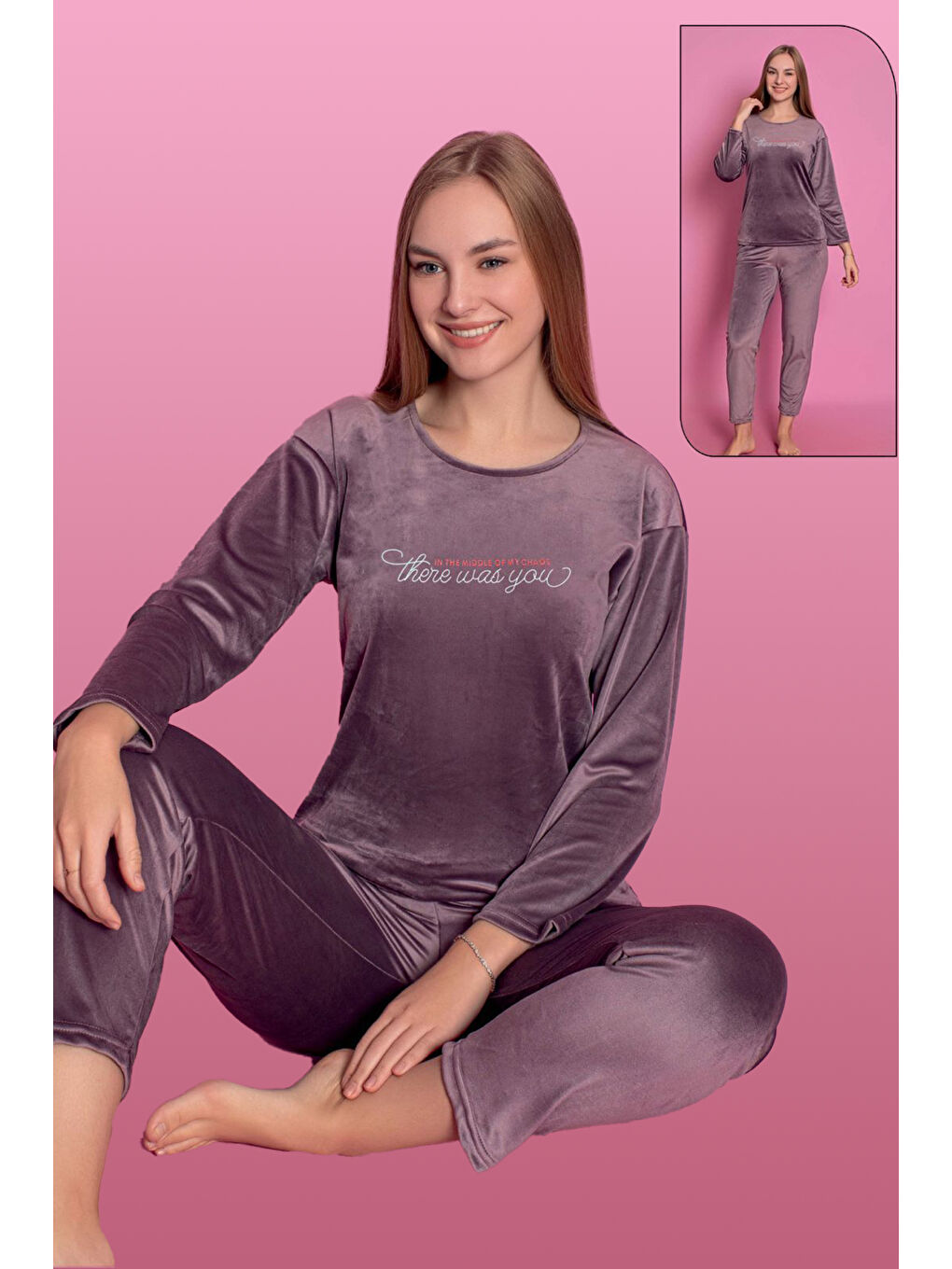 Kadife Kadın Pijama Takımı 25500-83 Mürdüm-2