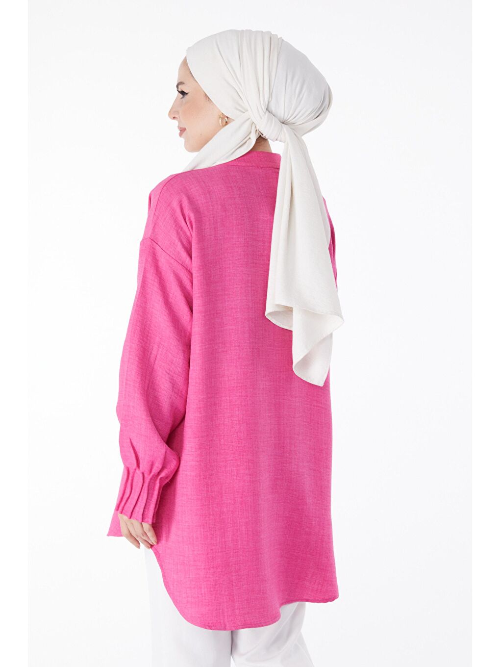 Hakim Yaka Kadın Fuşya Kol Ağzı Fırfır Detaylı Tunik - 24603-3