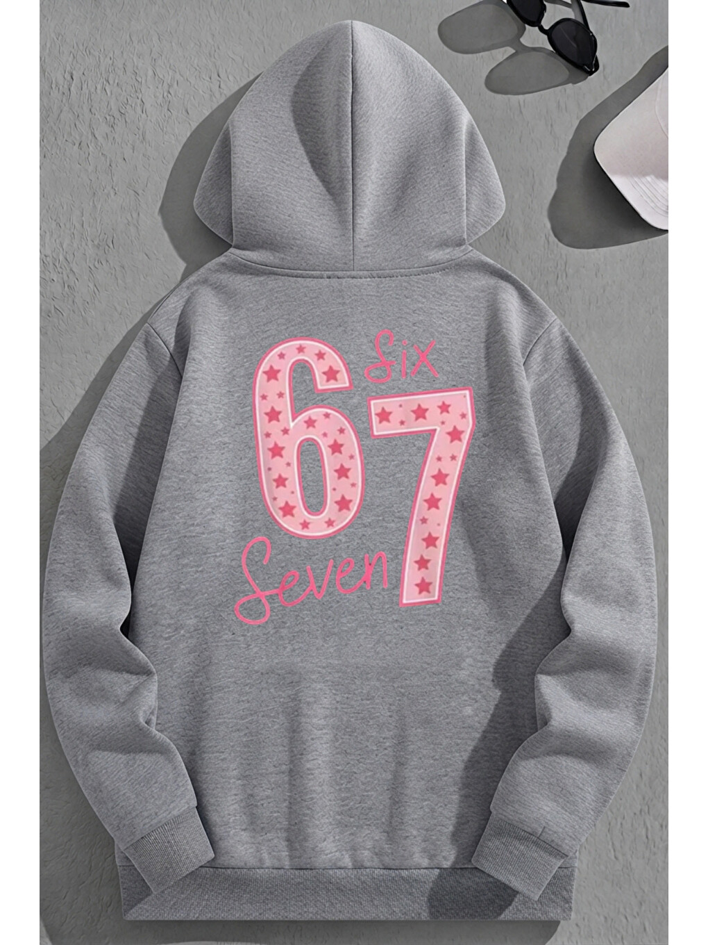 Unisex 3 İplik Pamuklu Gri 67sıxseven Baskı Bol Kalıp Sweatshirt Hoodie