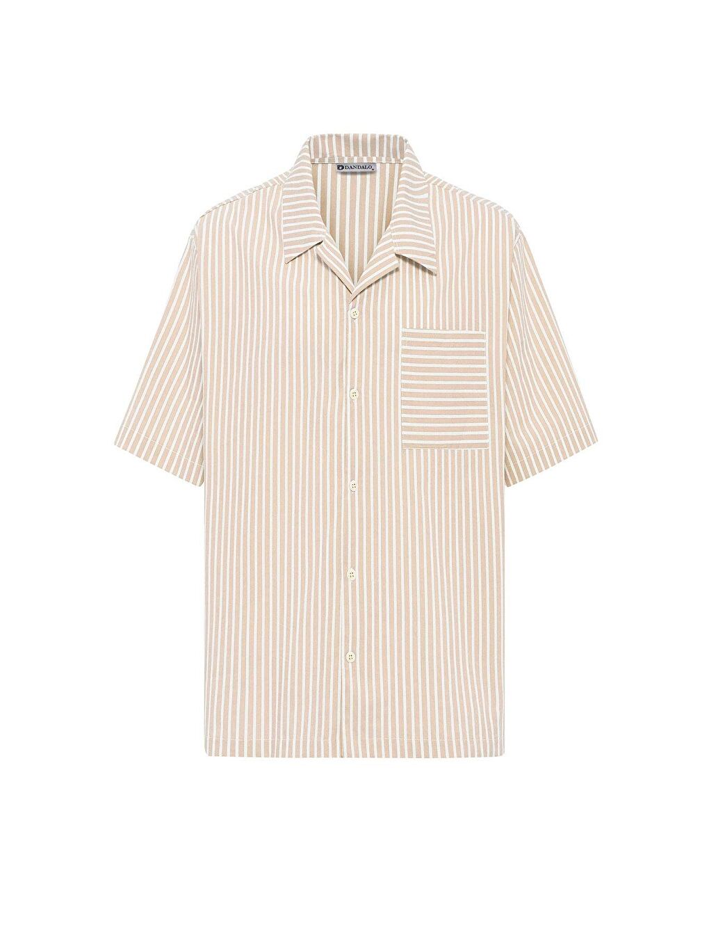 Çizgili Kısa Kol Oversize Gömlek Bej-1
