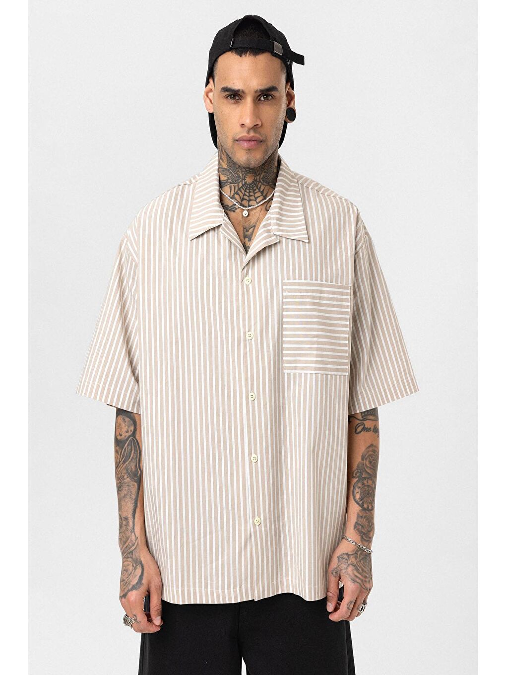 Çizgili Kısa Kol Oversize Gömlek Bej-2