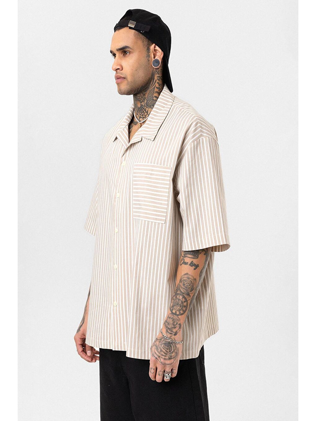 Çizgili Kısa Kol Oversize Gömlek Bej-3