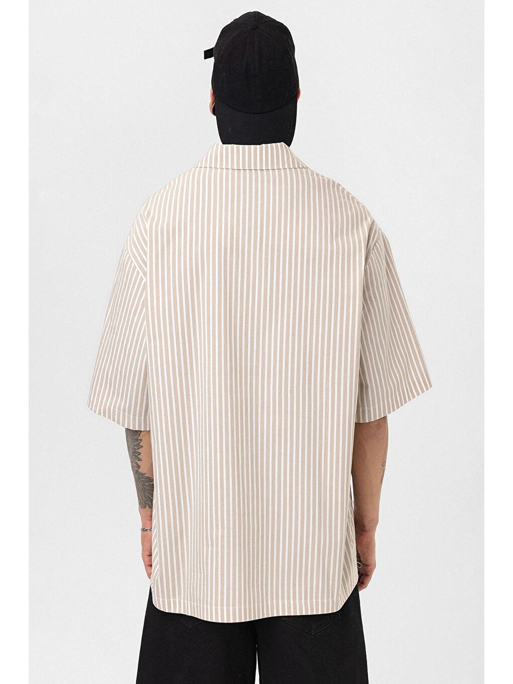 Çizgili Kısa Kol Oversize Gömlek Bej-4