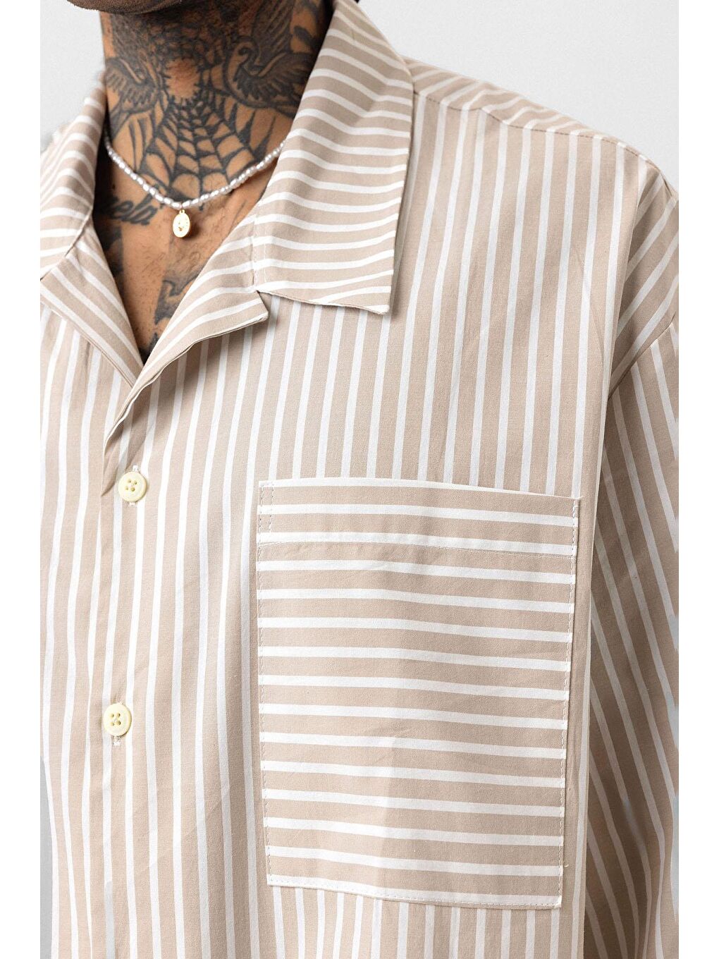 Çizgili Kısa Kol Oversize Gömlek Bej-5