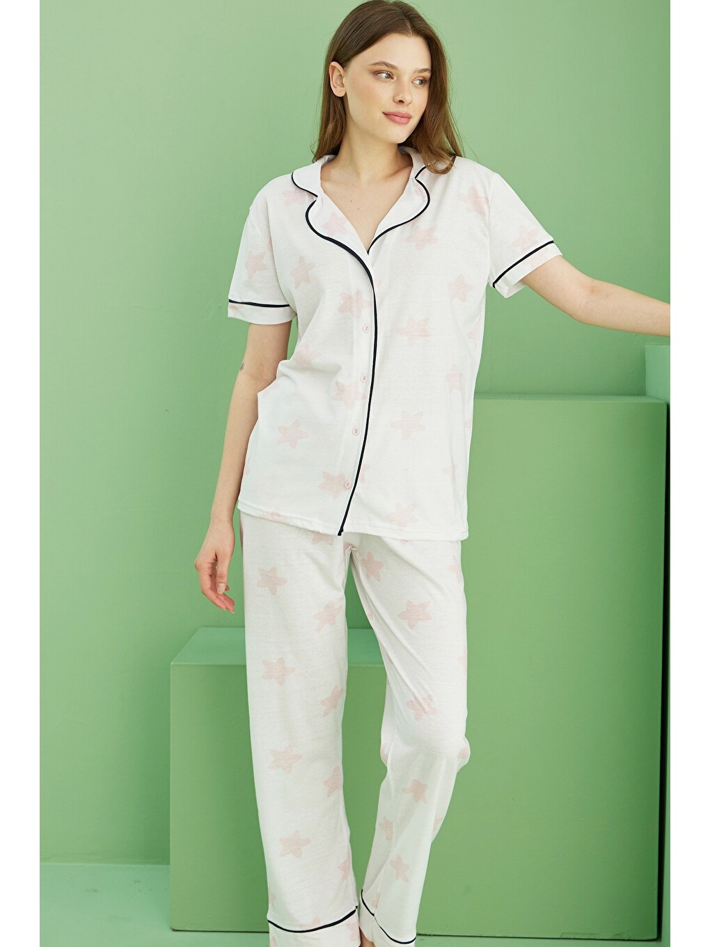 Karışık Kısa Kollu Düğmeli Biyeli Pijama Takım7818-1