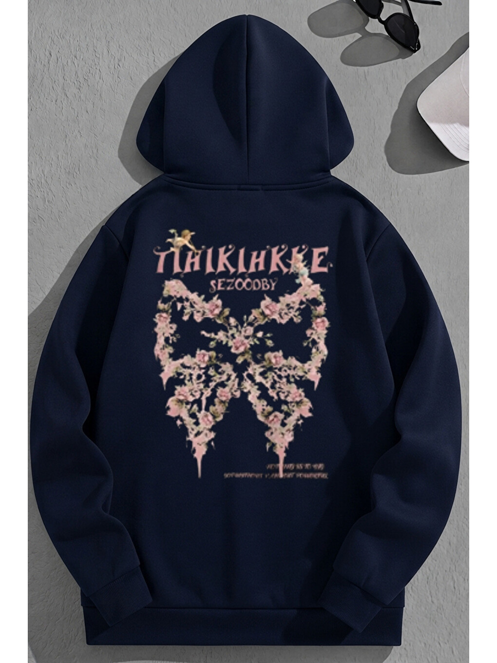 Unisex 3 İplik Pamuklu Lacivert Thikihkke Baskı Bol Kalıp Sweatshirt Hoodie