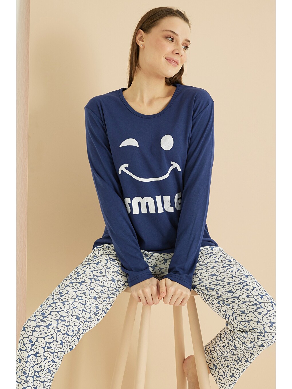 Lacivert İnterlok Pamuklu Örme Pijama Takım 7819