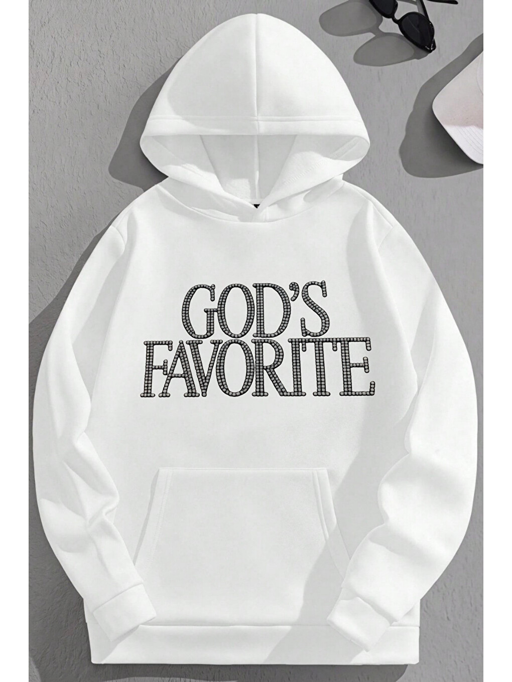 Unisex 3 İplik Pamuklu Beyaz Godsfavorite Baskı Bol Kalıp Sweatshirt Hoodie