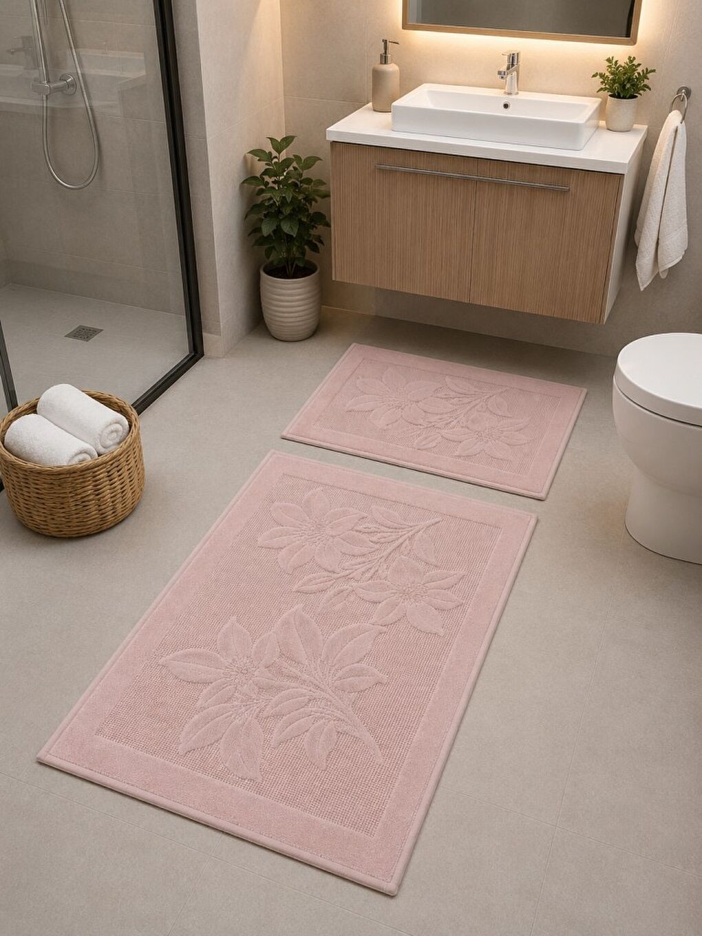 Pembe Lena Kabartma Çiçek Desenli 2’li Banyo Paspas Seti Yumuşak Dokulu Modern Banyo Halısı