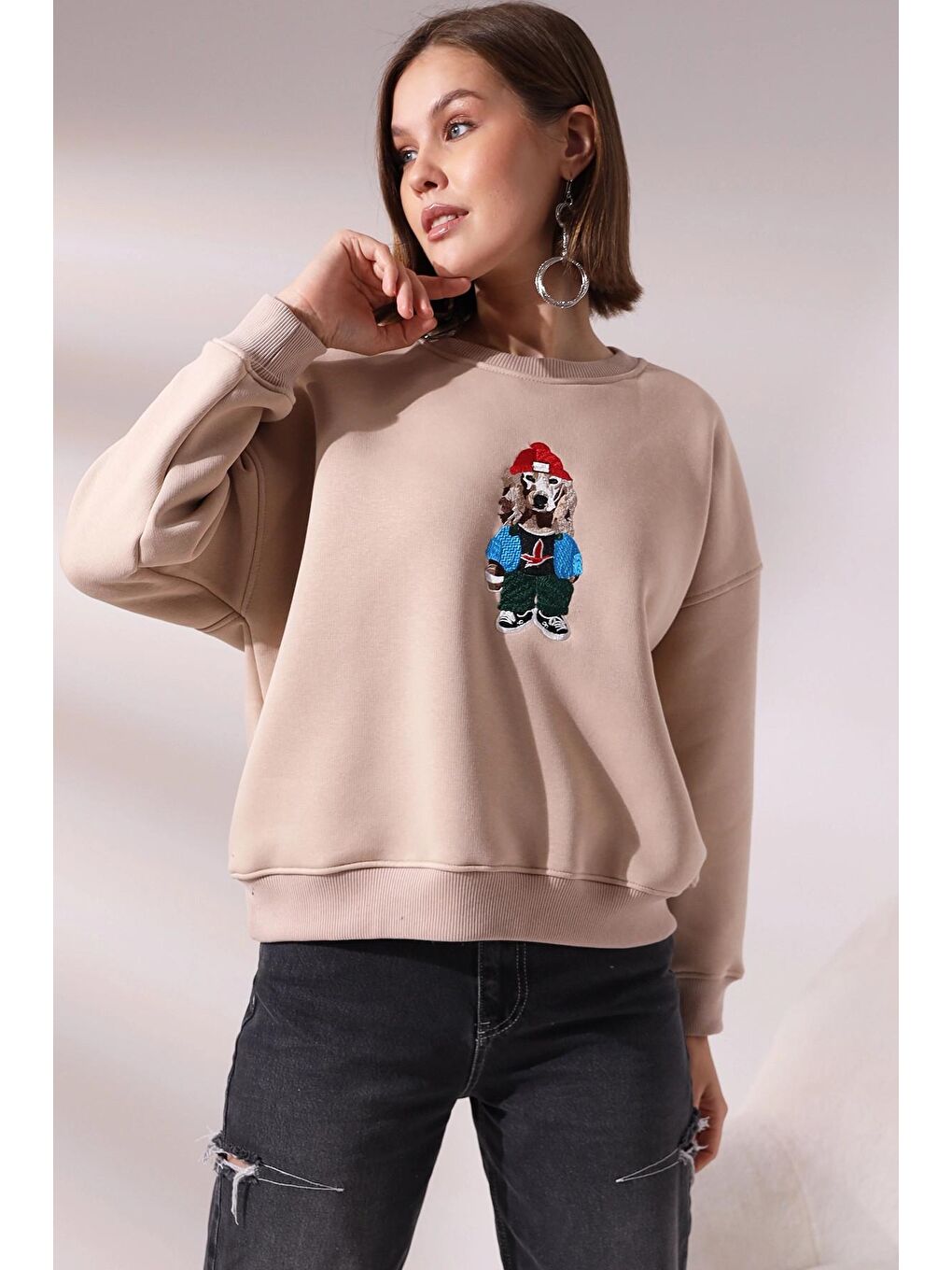 Bej Köpek Baskılı Sweatshirt-1