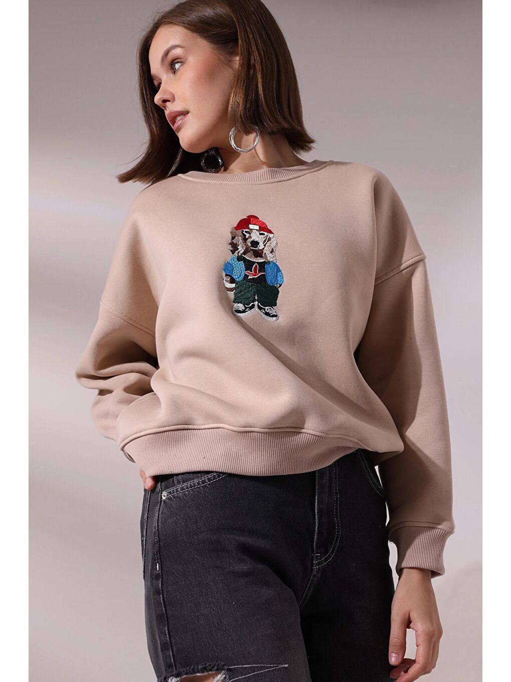 Bej Köpek Baskılı Sweatshirt-2