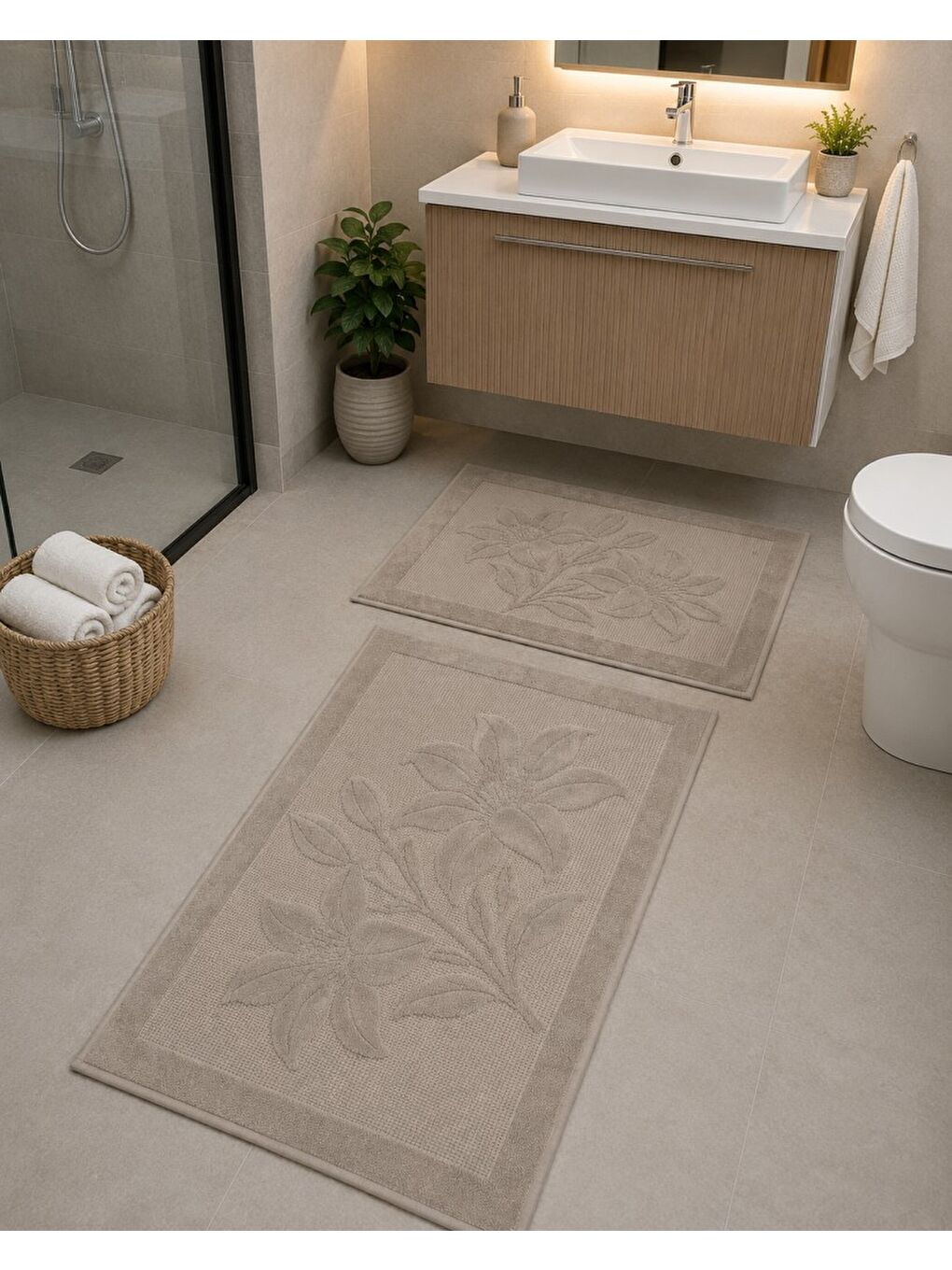 Bej Lena Kabartma Çiçek Desenli 2’li Banyo Paspas Seti Yumuşak Dokulu Modern Banyo Halısı