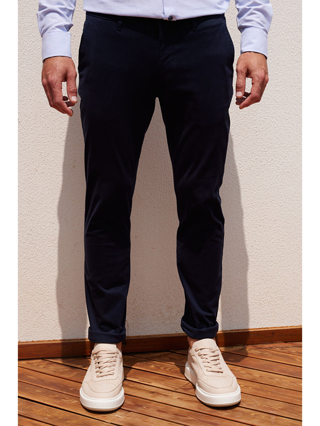 Erkek Lacivert Slim Fit Dar Kesim Pamuklu Esnek Yan Cep Rahat Chino Pantolon-2