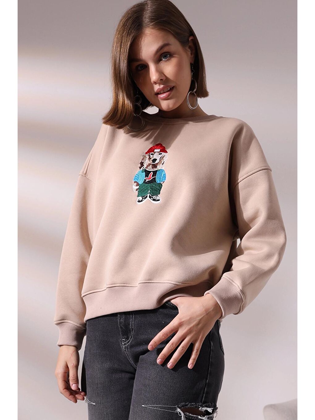 Bej Köpek Baskılı Sweatshirt-3