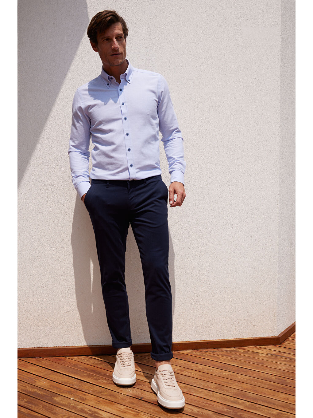 Erkek Lacivert Slim Fit Dar Kesim Pamuklu Esnek Yan Cep Rahat Chino Pantolon-4