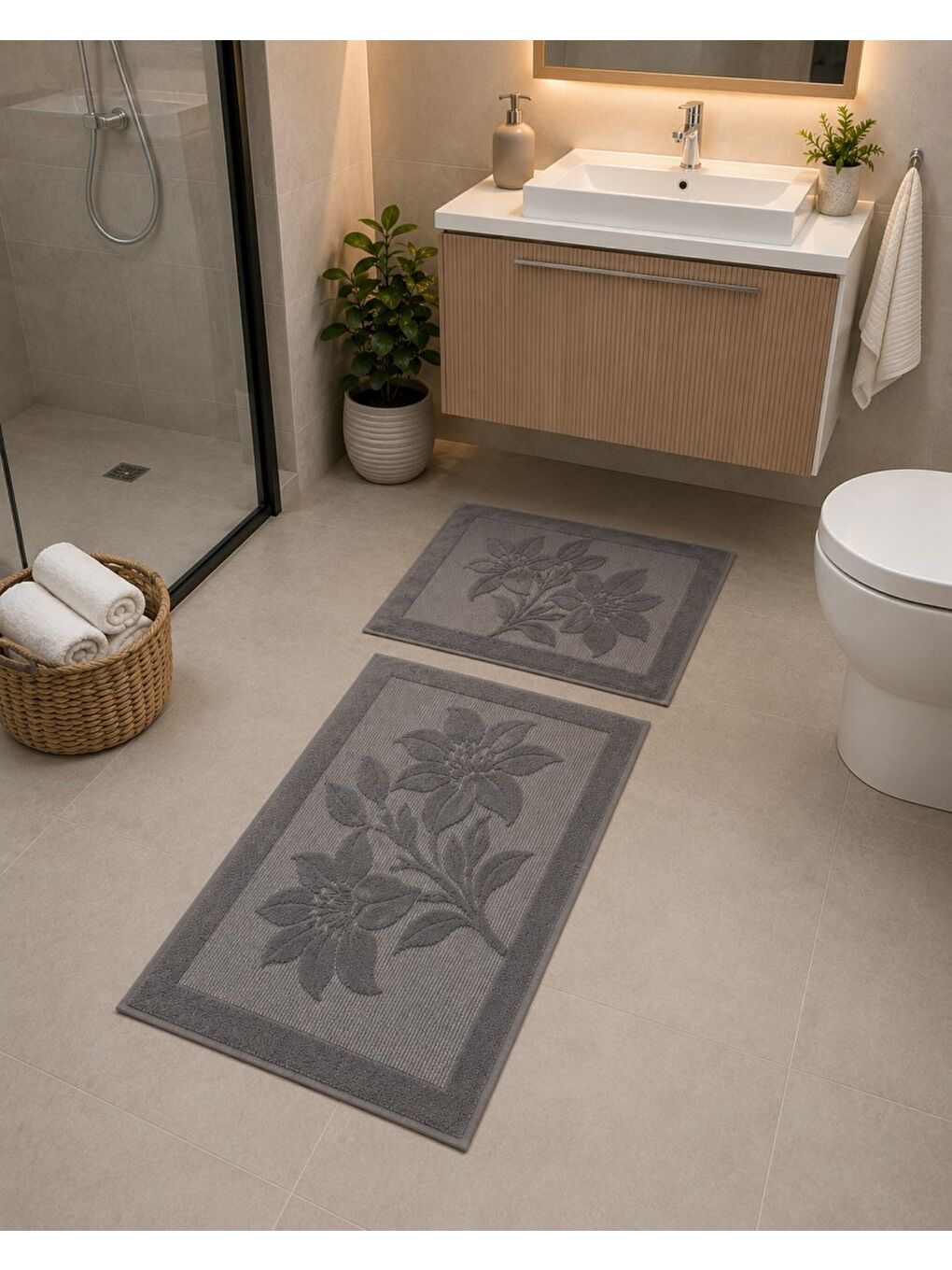 Antrasit Lena Kabartma Çiçek Desenli 2’li Banyo Paspas Seti Yumuşak Dokulu Modern Banyo Halısı