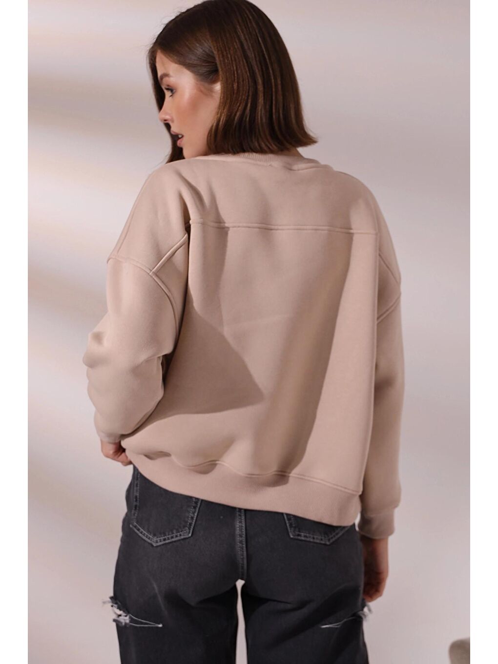 Bej Köpek Baskılı Sweatshirt-4