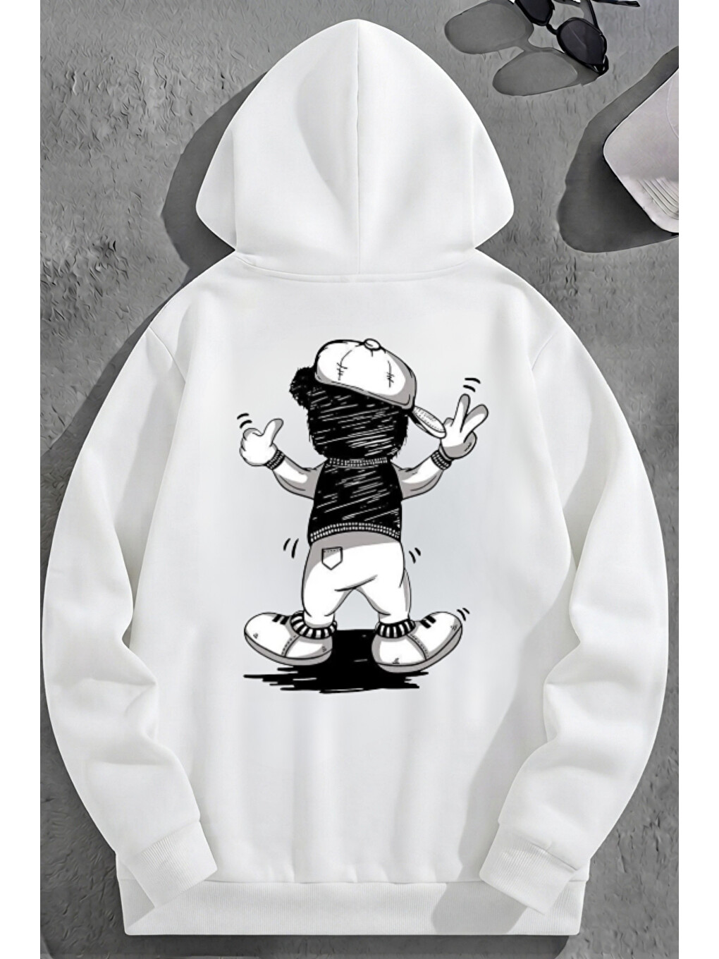 Unisex 3 İplik Pamuklu Beyaz Şapkalıbear Baskı Bol Kalıp Sweatshirt Hoodie