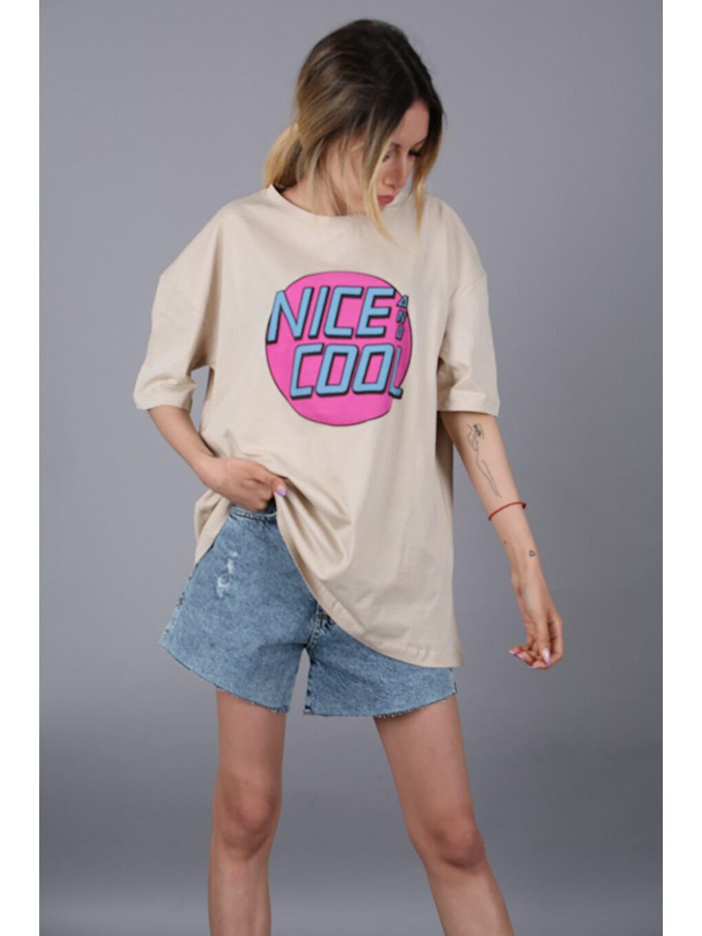 Bej Baskılı Tişört Mg1149-3