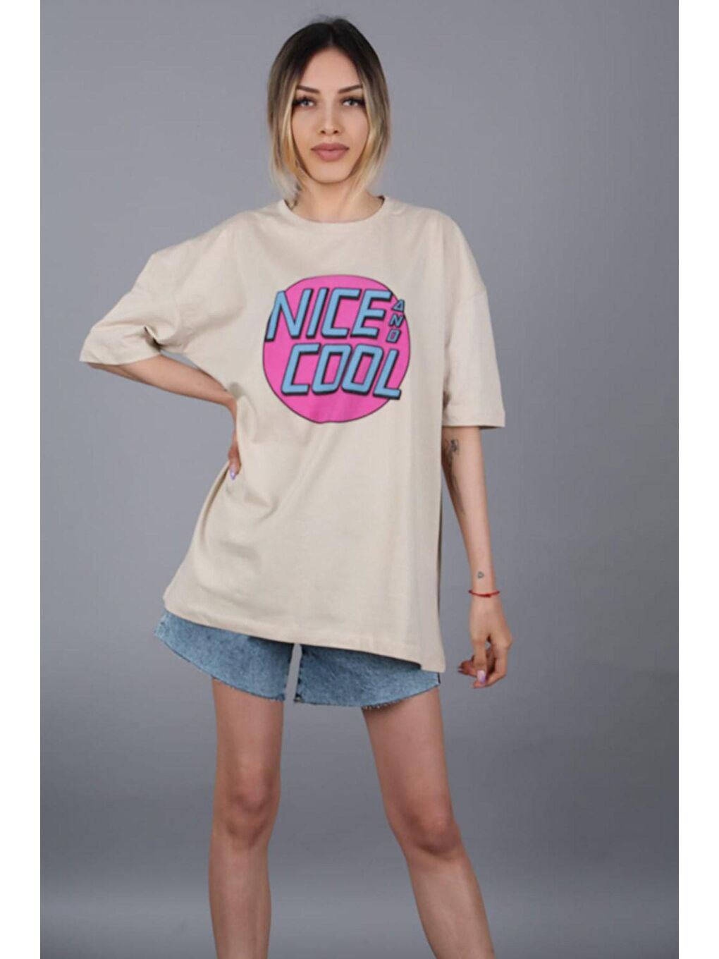 Bej Baskılı Tişört Mg1149-4