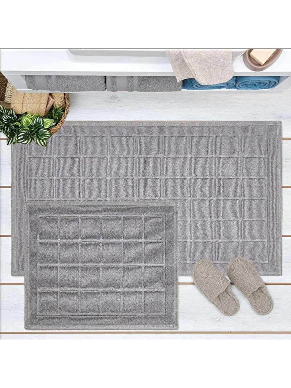 Soft Kare Desen 2'li Banyo Paspası - Gri - 60x100 cm + 50x60 cm