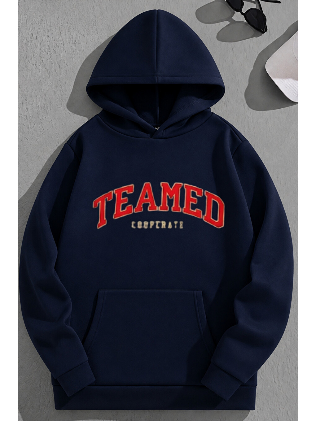 Unisex 3 İplik Pamuklu Lacivert Teamed Baskı Bol Kalıp Sweatshirt Hoodie
