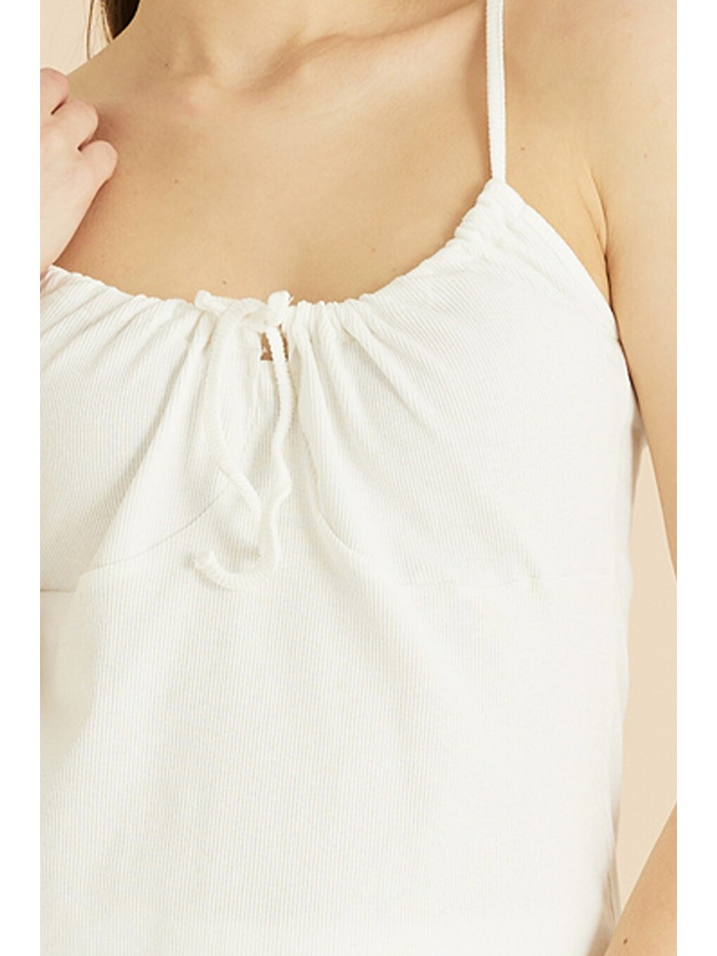 Ekru İp Askılı Bağlamalı Fitilli Kaşkorse Örme Pijama Takım 7823-2